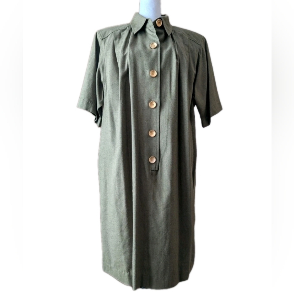 100% Silk Textured Slub Army Green Midi Dress